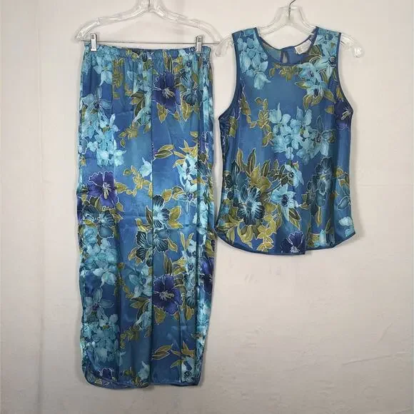 Vintage California Dynasty Blue Floral Satin Pajama Lounge Set Top Pants Medium - Picture 2 of 16
